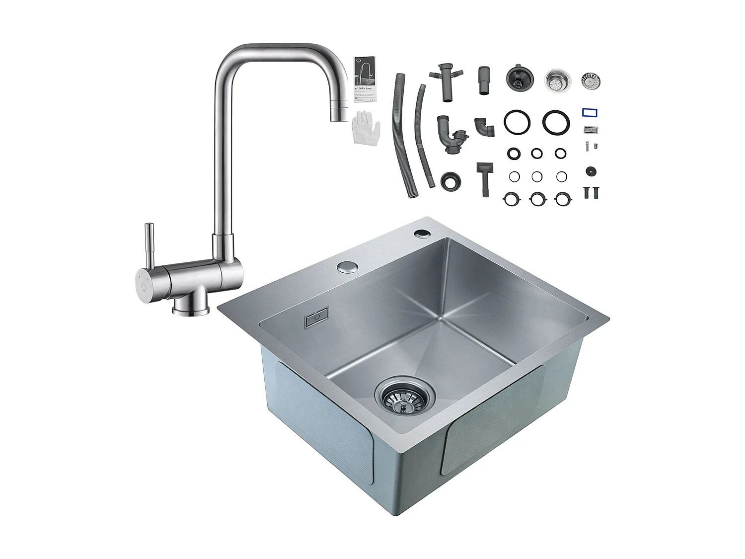 Cecipa max Évier de Cuisine 1 Bac, 50 x 45 x 18,5 cm, Évier de Cuisine Carré Inoxydable Brossé + Robinet de Cuisine Rabattable 2 Jets Repliable