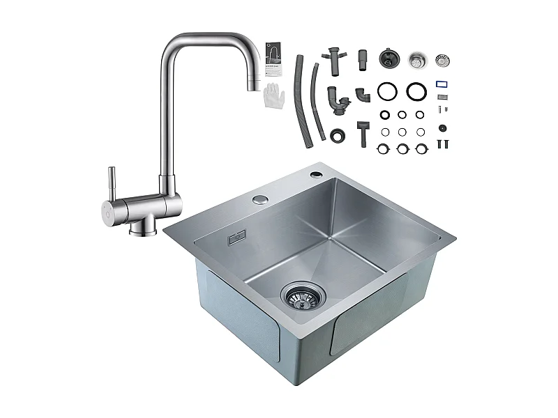 Cecipa max Évier de Cuisine 1 Bac, 50 x 45 x 18,5 cm, Évier de Cuisine Carré Inoxydable Brossé + Robinet de Cuisine Rabattable 2 Jets Repliable