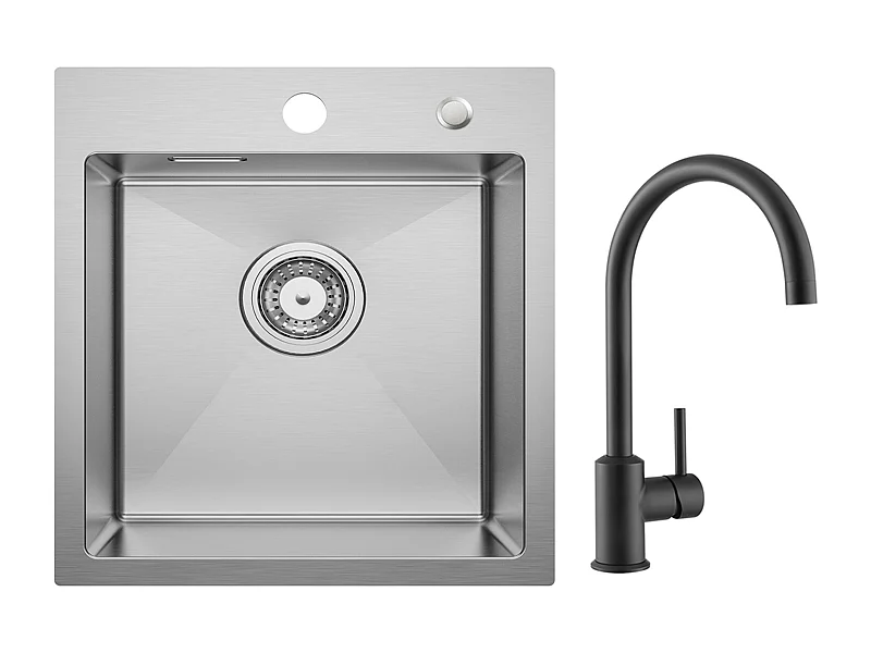 Cecipa MAX Évier Cuisine 1 Bac 40 × 45 cm Évier Inox Brossé + Mitigeur de Cuisine en Inox Noir