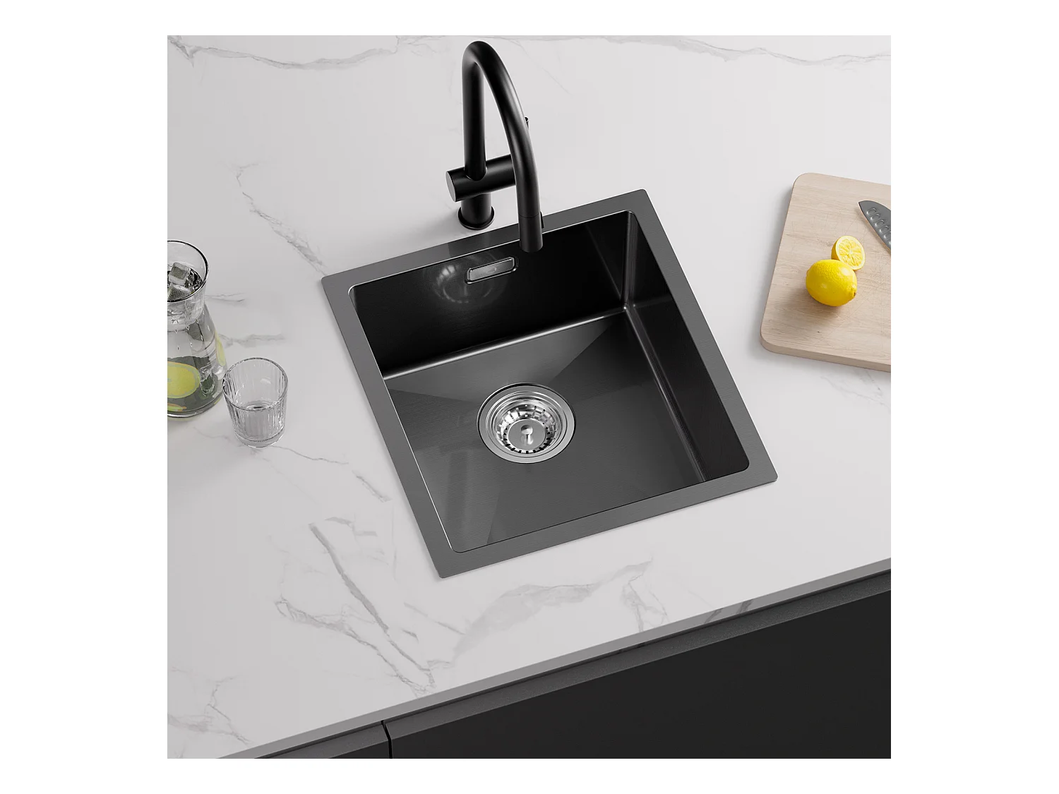 Cecipa max Einbauspüle aus Edelstahl 40*44*19 cm - Schwarz 1 Becken Küchenspüle + Küchenmischbatterie mit ausziehbarer Brause mit 2 Arten von schwarzen Strahlen