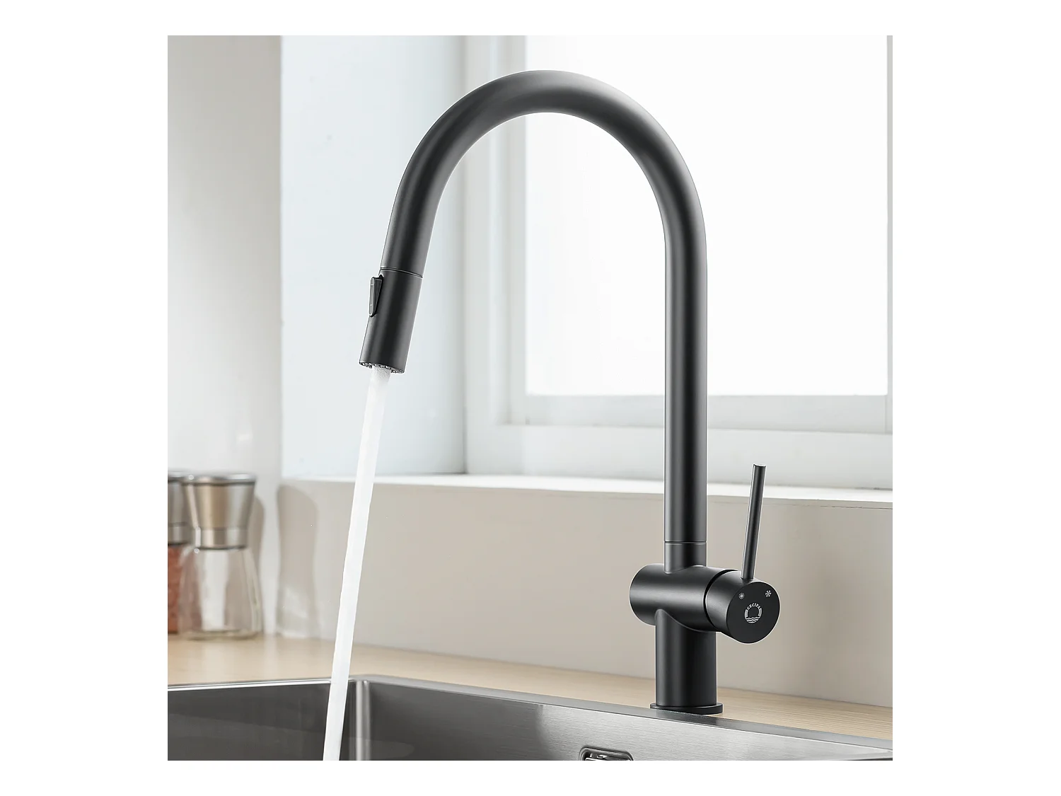 Cecipa max Einbauspüle aus Edelstahl 40*44*19 cm - Schwarz 1 Becken Küchenspüle + Küchenmischbatterie mit ausziehbarer Brause mit 2 Arten von schwarzen Strahlen