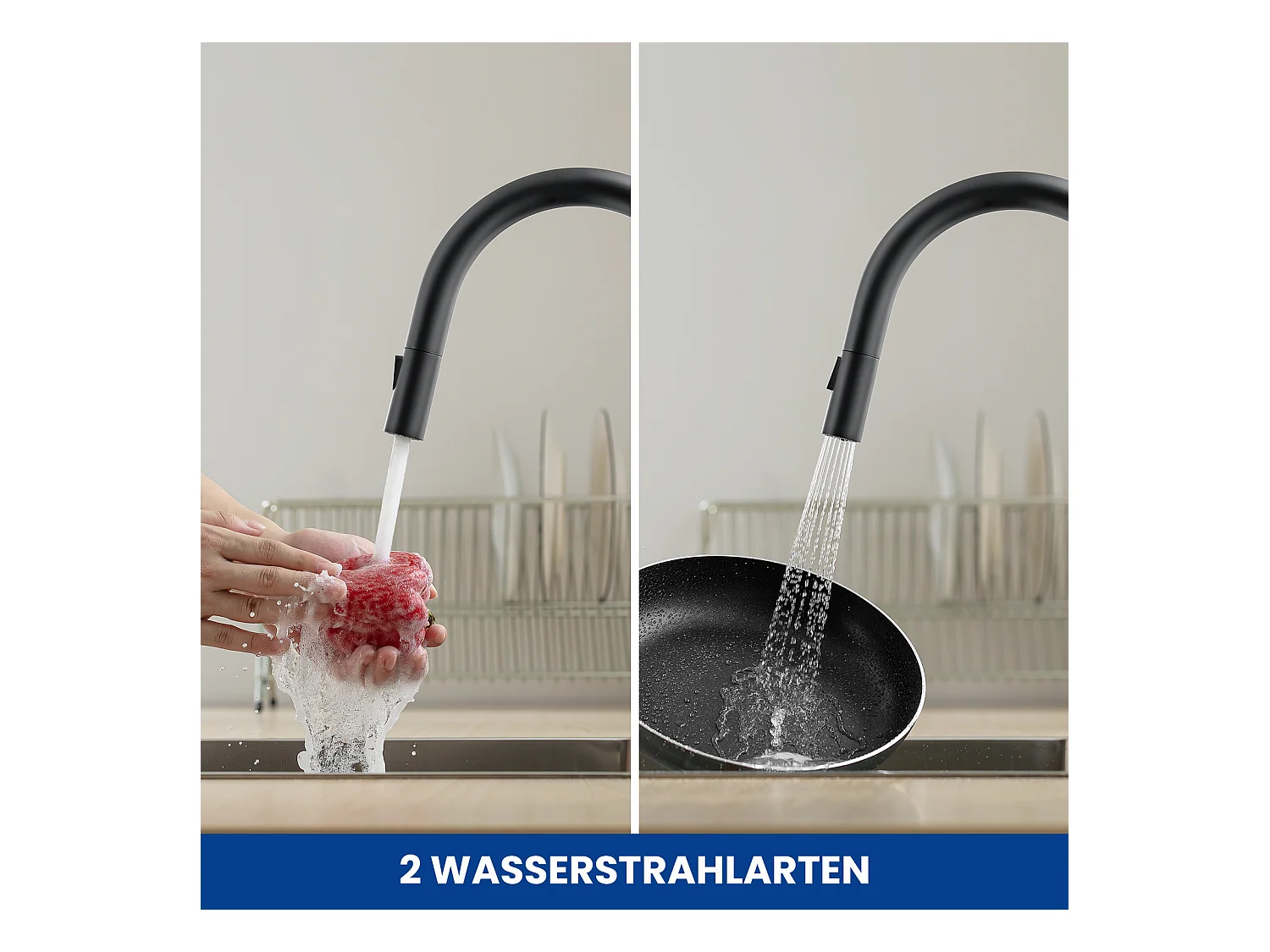 Cecipa max Einbauspüle aus Edelstahl 40*44*19 cm - Schwarz 1 Becken Küchenspüle + Küchenmischbatterie mit ausziehbarer Brause mit 2 Arten von schwarzen Strahlen