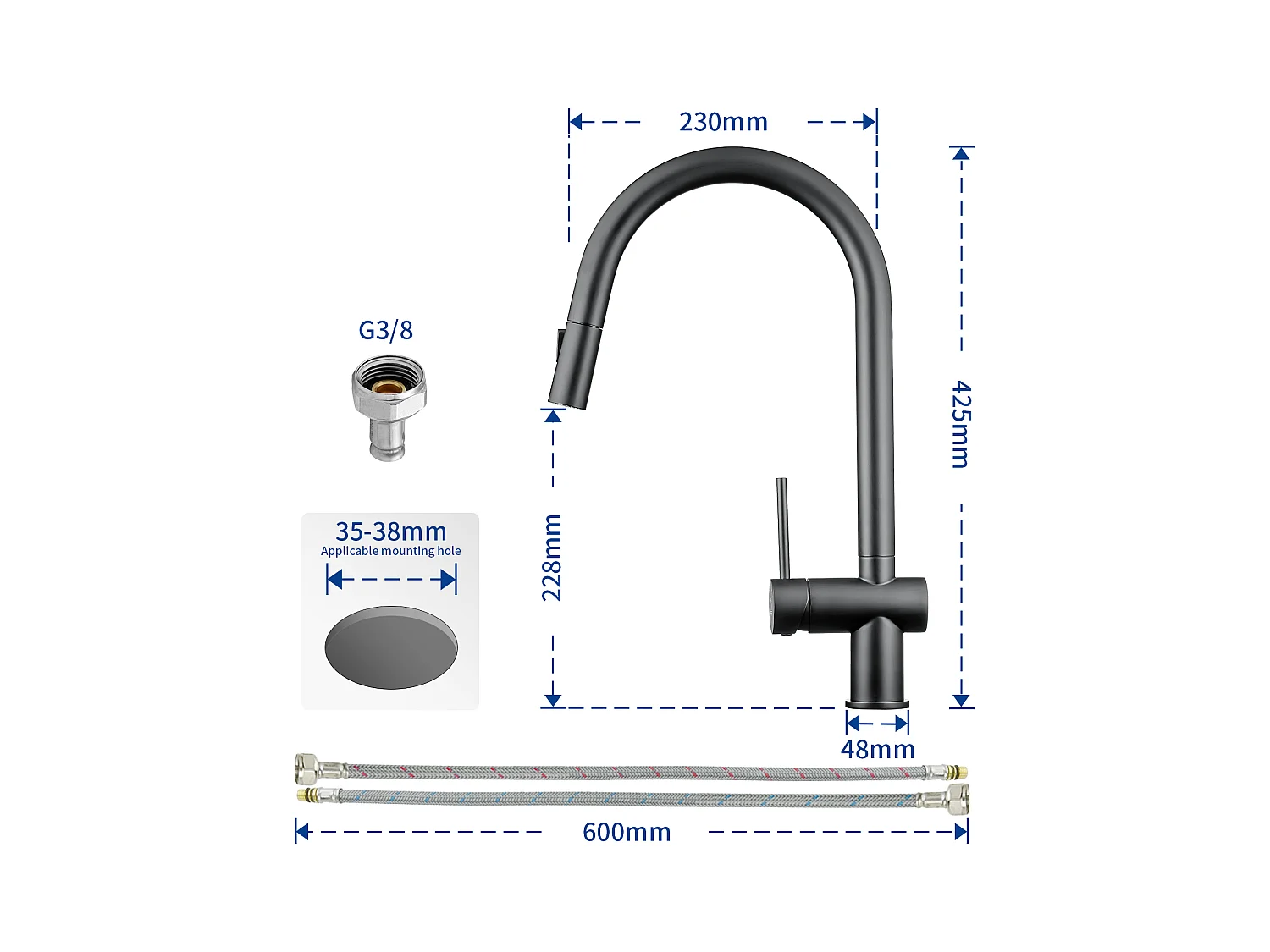 Cecipa max Einbauspüle aus Edelstahl 40*44*19 cm - Schwarz 1 Becken Küchenspüle + Küchenmischbatterie mit ausziehbarer Brause mit 2 Arten von schwarzen Strahlen