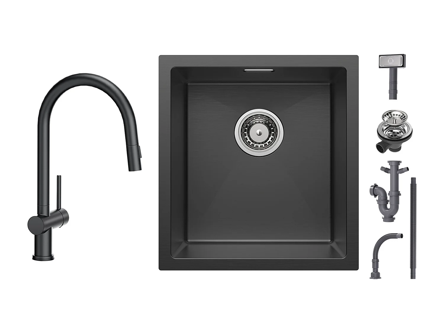 Cecipa max Einbauspüle aus Edelstahl 40*44*19 cm - Schwarz 1 Becken Küchenspüle + Küchenmischbatterie mit ausziehbarer Brause mit 2 Arten von schwarzen Strahlen