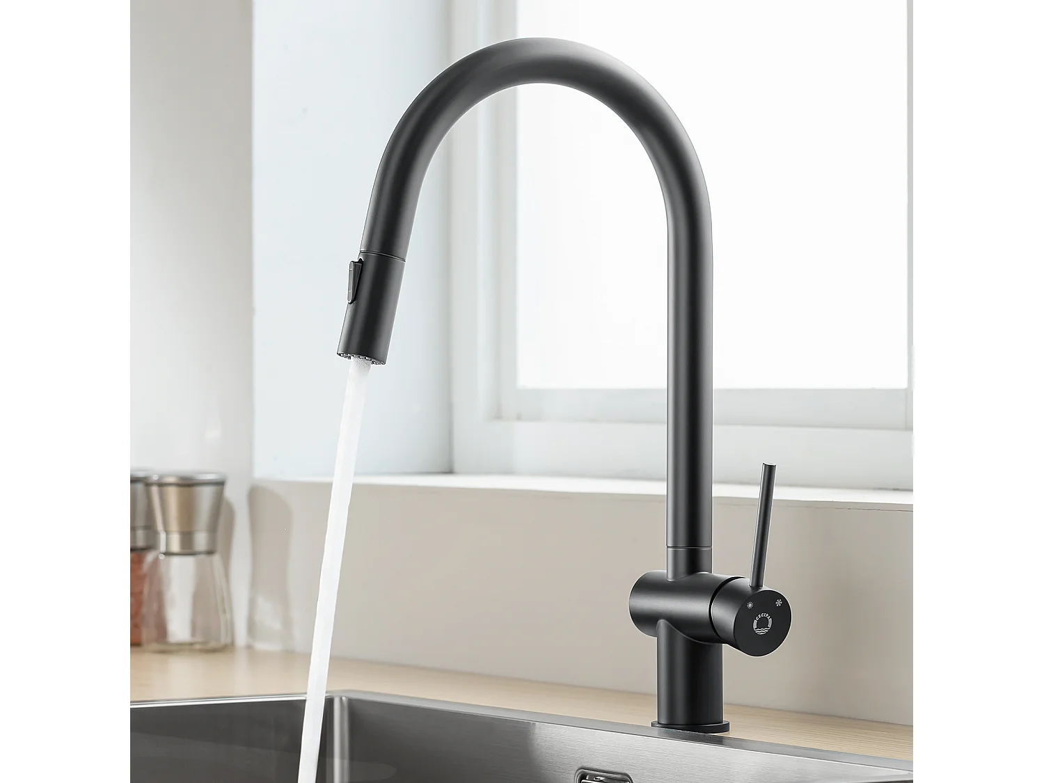 Cecipa max Einbauspüle aus Edelstahl 40*44*19 cm - Schwarz 1 Becken Küchenspüle + Küchenmischbatterie mit ausziehbarer Brause mit 2 Arten von schwarzen Strahlen