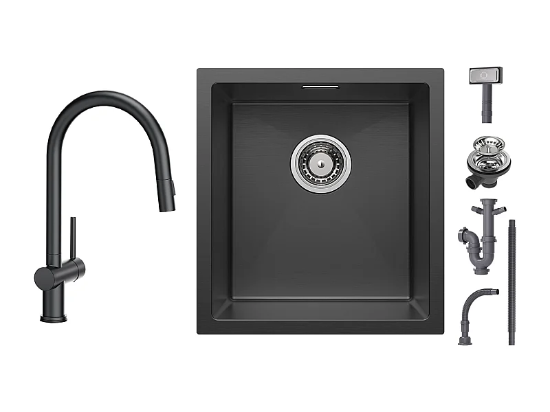 Lavello Cecipa max Incasso Inox 40*44*19 cm - Lavello Cucina 1 Vasca Nero + Miscelatore Cucina con Doccetta Estraibile con 2 Tipologie di Getto Nero