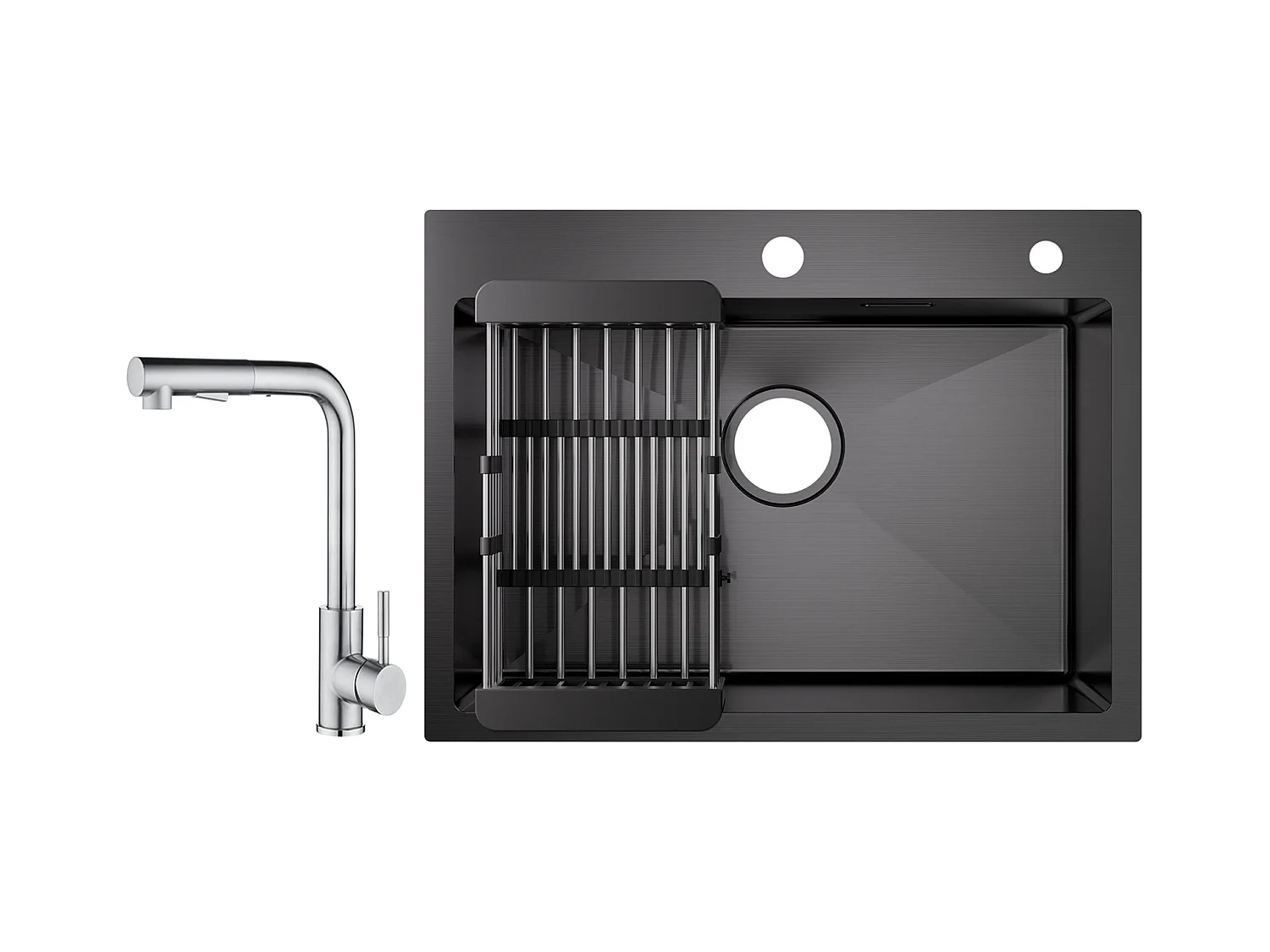 Cecipa max Évier 1 Bac Inox avec Panier de Drainage-Évier Noir 60×45×18 cm + Mitigeur Cuisine avec Douchette Extractible - 2 Jets aux Choix - Brossé