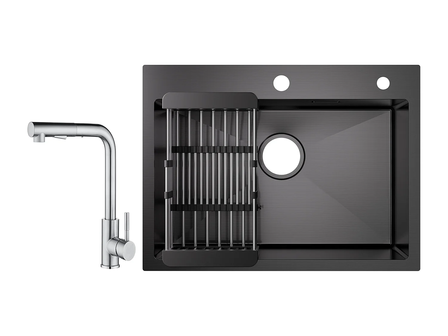 Cecipa max 1 Lavello Inox con Cestello Scarico-Lavello Nero 60×45×18 cm + Miscelatore Cucina con Doccetta Estraibile - 2 Getti a Scelta - Spazzolato