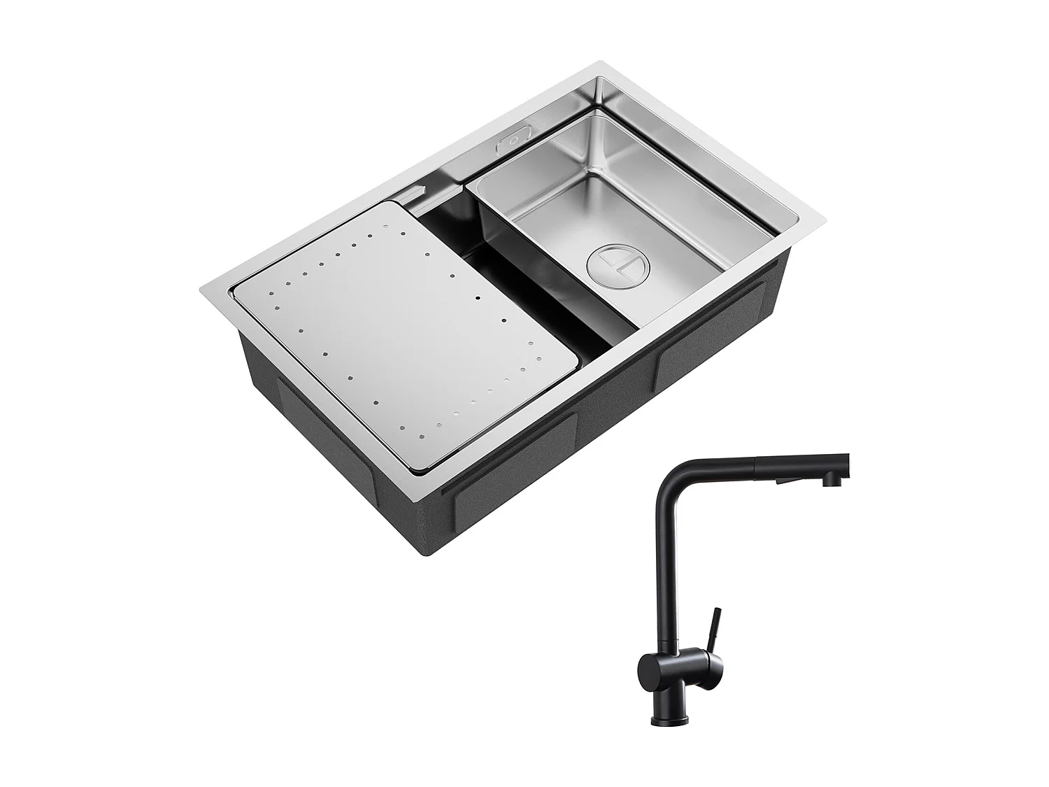 Cecipa max Évier Cuisine 1 Bac 70×44×21CM Évier à Encastrer Inox Brossé avec Egouttoir et Vasque + Mitigeur avec Douchette Extractible