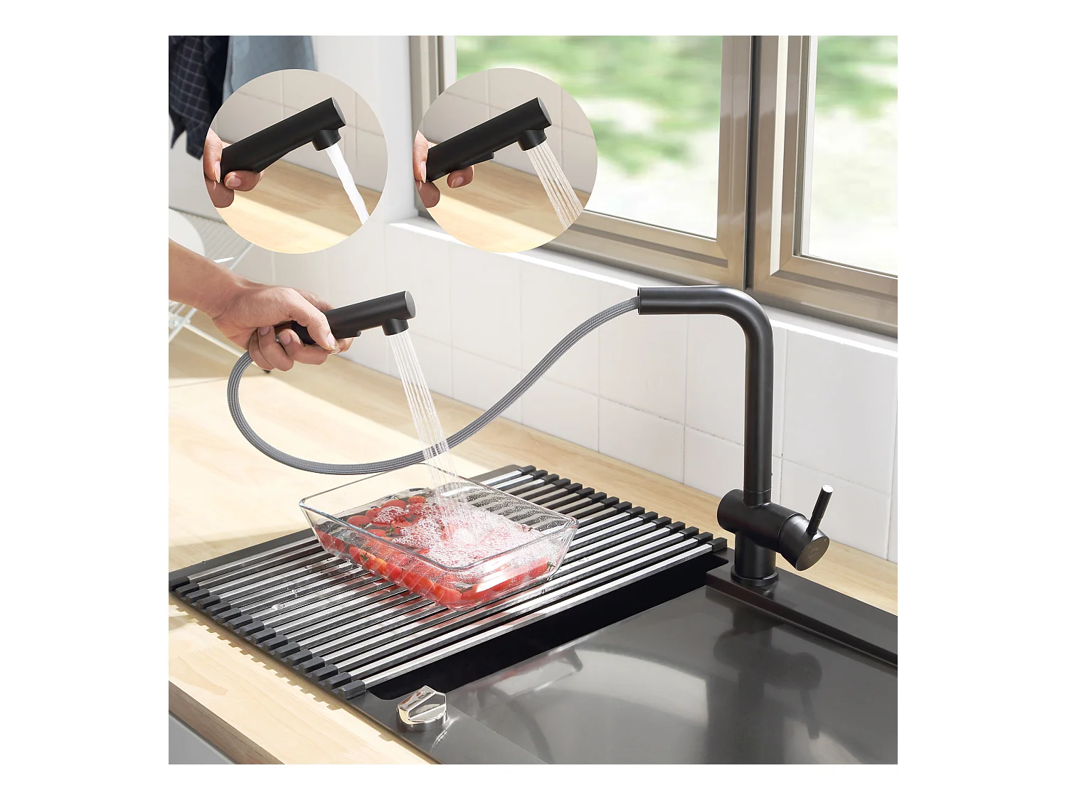 Cecipa max Évier Cuisine 1 Bac 70×44×21CM Évier à Encastrer Inox Brossé avec Egouttoir et Vasque + Mitigeur avec Douchette Extractible