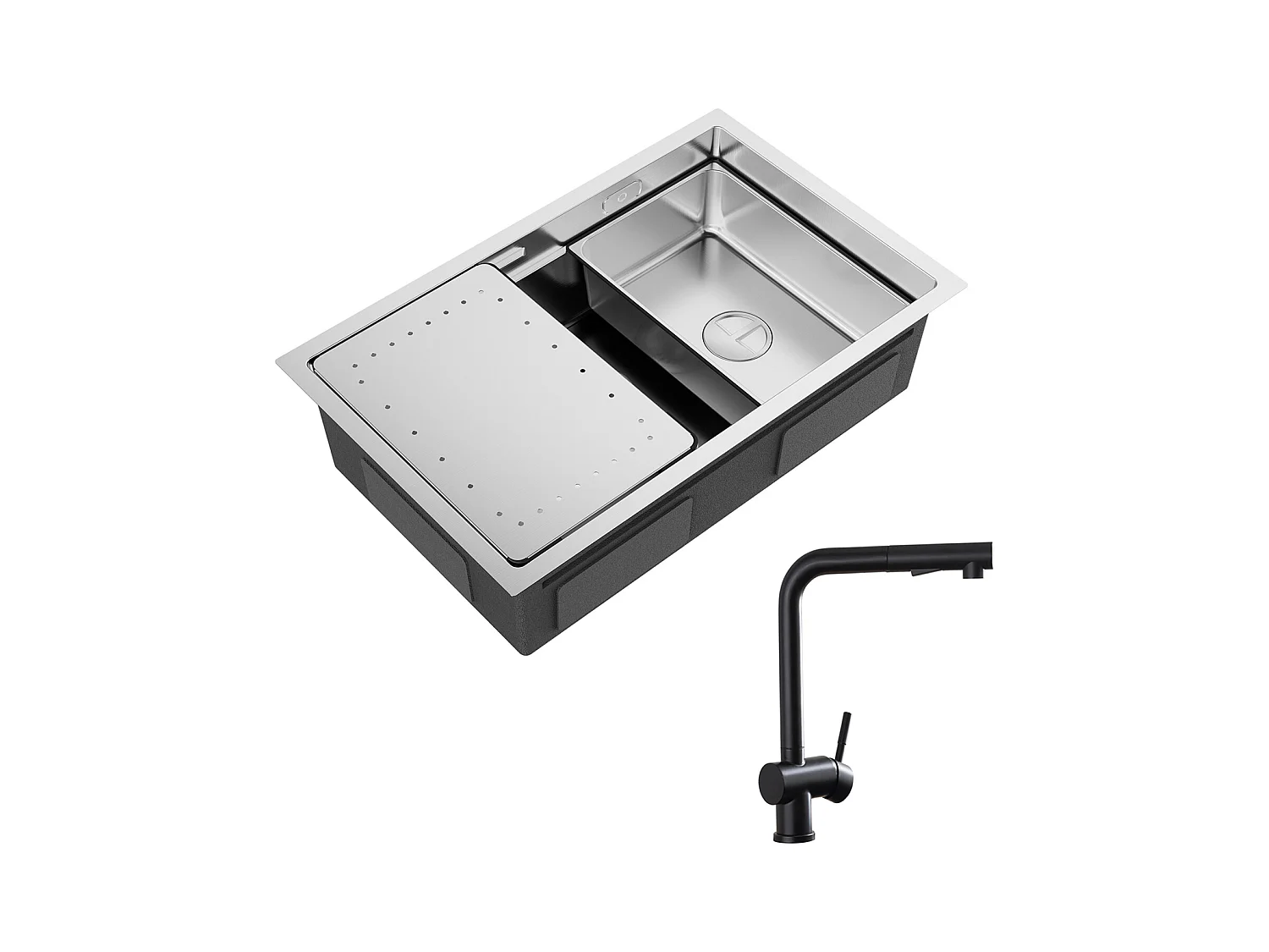 Fregadero de cocina Cecipa max 1 seno 70×44×21CM Fregadero encastrable de acero inoxidable cepillado con escurridor y lavabo + grifo monomando con ducha extraíble