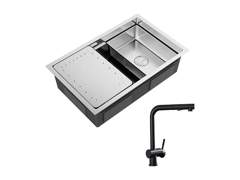 Cecipa max Évier Cuisine 1 Bac 70×44×21CM Évier à Encastrer Inox Brossé avec Egouttoir et Vasque + Mitigeur avec Douchette Extractible