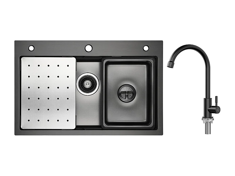 Küchenspüle 1 Becken 70×45cm + Abtropffläche + Becken + Seifenspender + Kaltwasser-Küchenarmatur, Schwarz