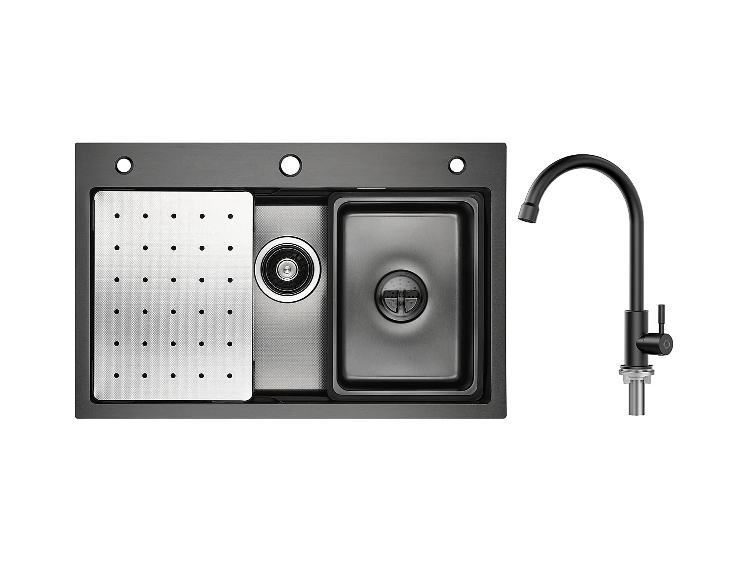 Évier de Cuisine 1 Cuve 70×45cm + Egouttoir + Vasque + Distributeur de Savon + Robinet de Cuisine à eau Froide,Noir