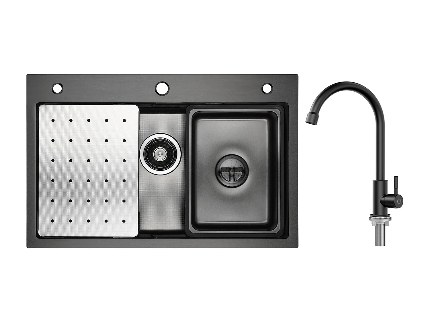 Évier de Cuisine 1 Cuve 70×45cm + Egouttoir + Vasque + Distributeur de Savon + Robinet de Cuisine à eau Froide,Noir