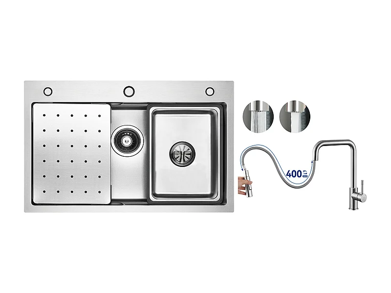 Évier 1 Bac 70×45×21.5CM Évier Inox Argent avec Egouttoir,Vasque, Distributeur de Savon + Mitigeur avec Douchette Extractible, Brossé