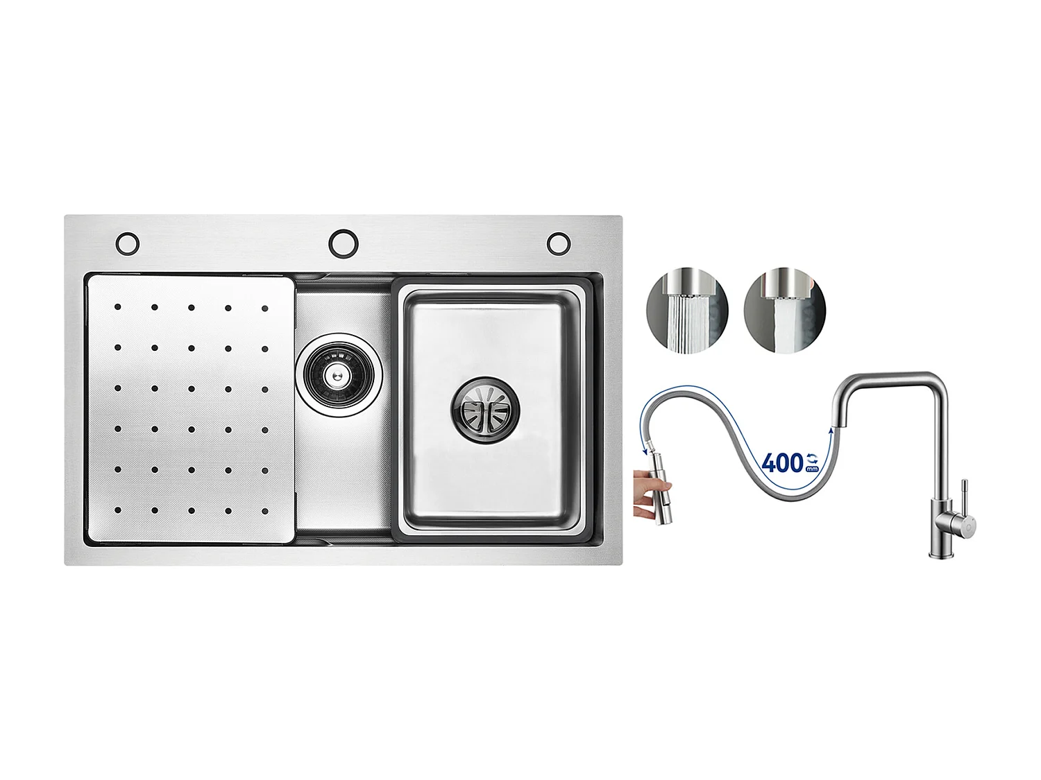 Évier 1 Bac 70×45×21.5CM Évier Inox Argent avec Egouttoir,Vasque, Distributeur de Savon + Mitigeur avec Douchette Extractible, Brossé