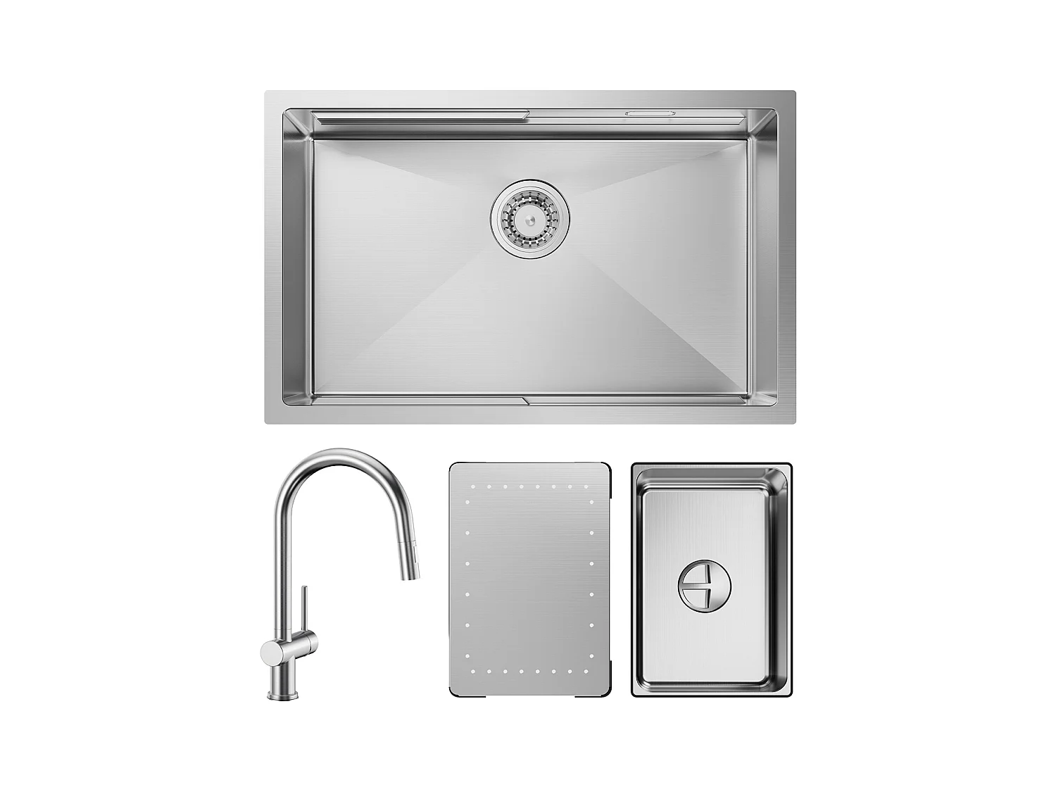 Cecipa max Évier Cuisine 1 Bac 70×44×21CM Évier à Encastrer Inox Brossé avec Egouttoir et Vasque + Mitigeur en Inox Brossé avec Douchette Extractible