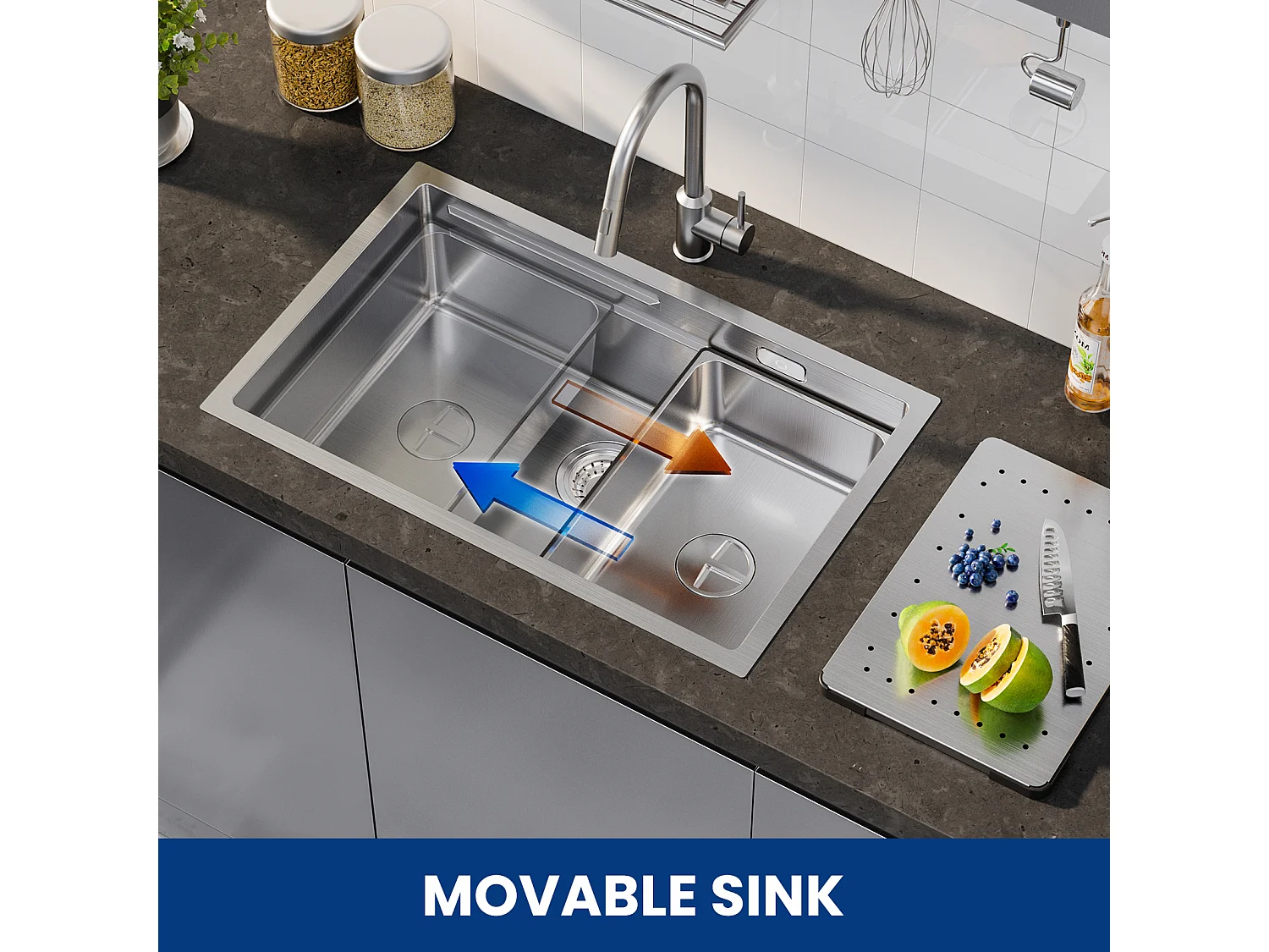 Cecipa max Évier Cuisine 1 Bac 70×44×21CM Évier à Encastrer Inox Brossé avec Egouttoir et Vasque + Mitigeur en Inox Brossé avec Douchette Extractible