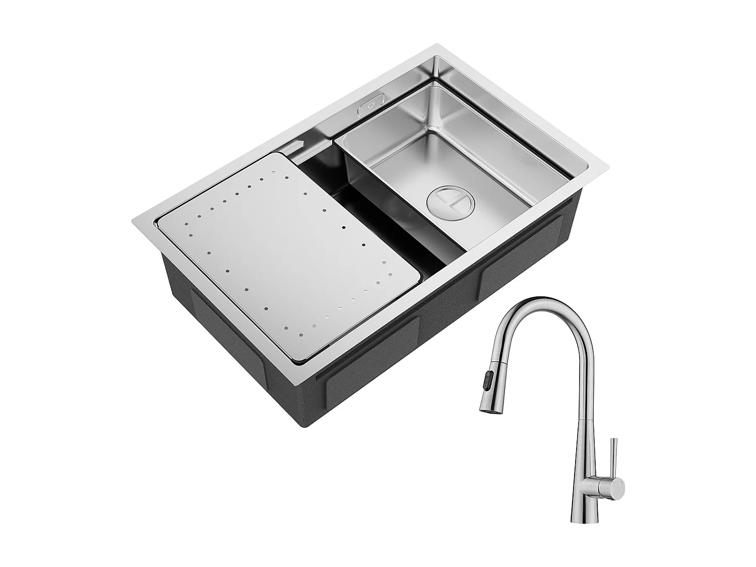 Cecipa max 1 wastafel 70×44cm Geborsteld roestvrij staal Ingebouwde spoelbak met afdruiprek en wastafel + mengkraan met uittrekbare spray, 3 waterafvoermodi