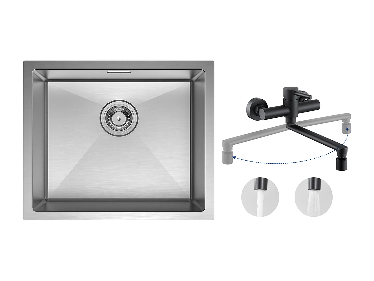 CECIPA MAX Évier de Cuisine 1 Bac Brossé Évier Inox 50*44CM + Mitigeur de Cuisine Mural avec 2 Jets Noir