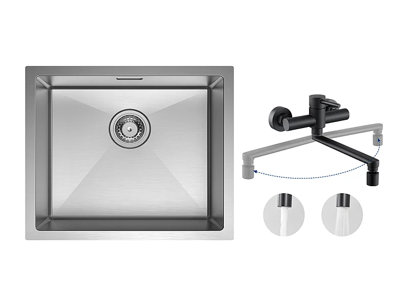 CECIPA MAX Lavello da cucina 1 vasca Lavello in acciaio inox spazzolato 50*44CM + Miscelatore da cucina a parete con 2 getti Nero