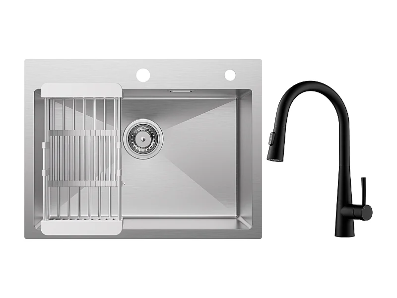 Cecipa max Einzelspüle, 60×45cm, Spüle aus gebürstetem Edelstahl mit Ablaufkorb + Küchenmischbatterie mit ausziehbarer Brause, 3 Wasserauslassmodi, Schwarz