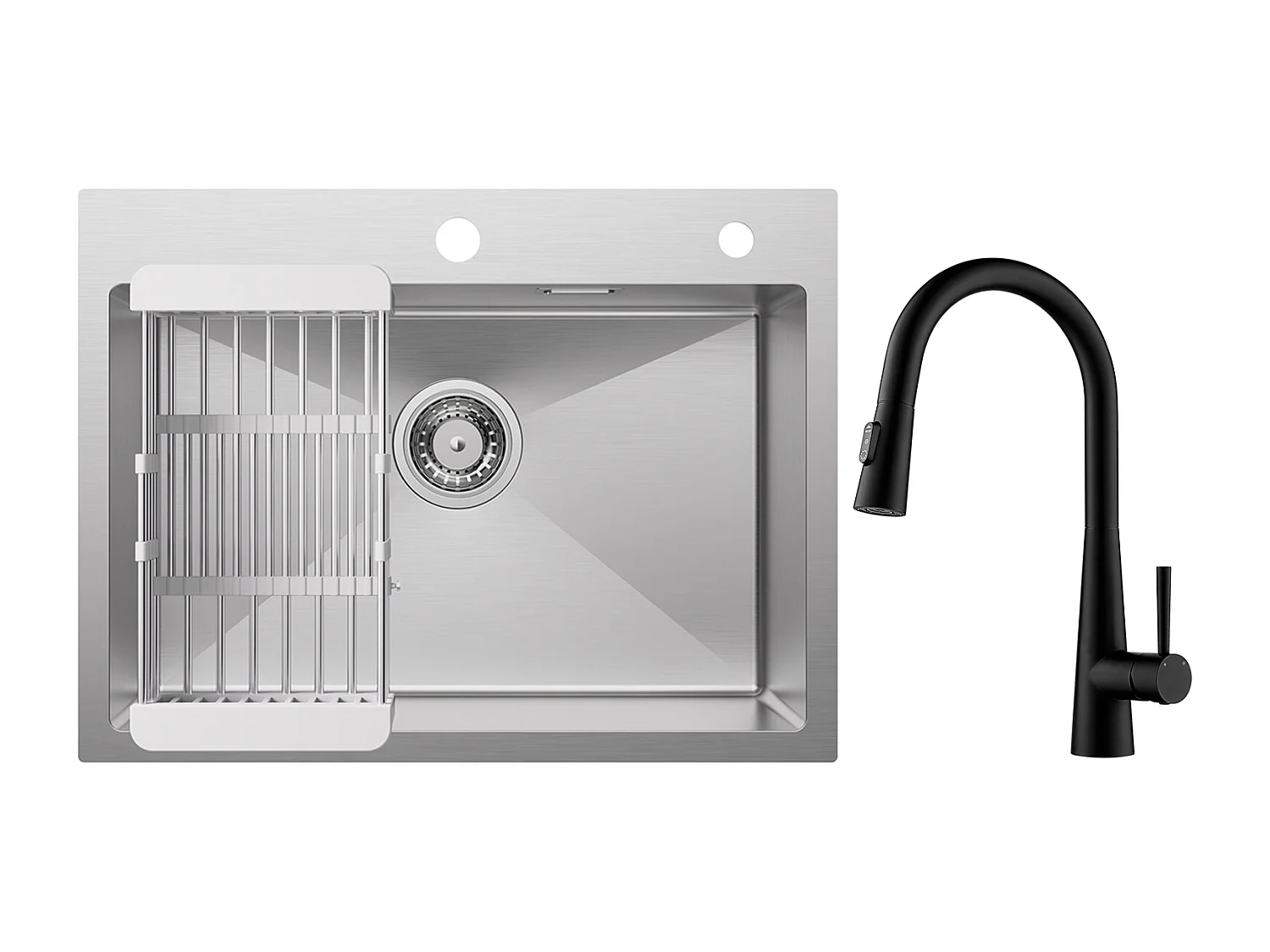 Cecipa max 1 spoelbak 60×45cm Geborsteld roestvrijstalen spoelbak met afvoermand + keukenmengkraan met uittrekbare spray, 3 waterafvoermodi, zwart