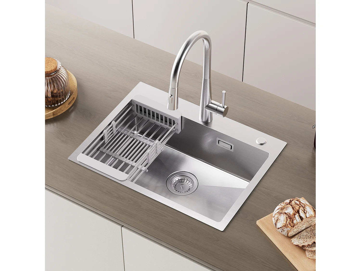 Cecipa max 1 spoelbak 60×45cm Geborsteld roestvrijstalen spoelbak met afvoermand + keukenmengkraan met uittrekbare spray, 3 waterafvoermodi, zwart