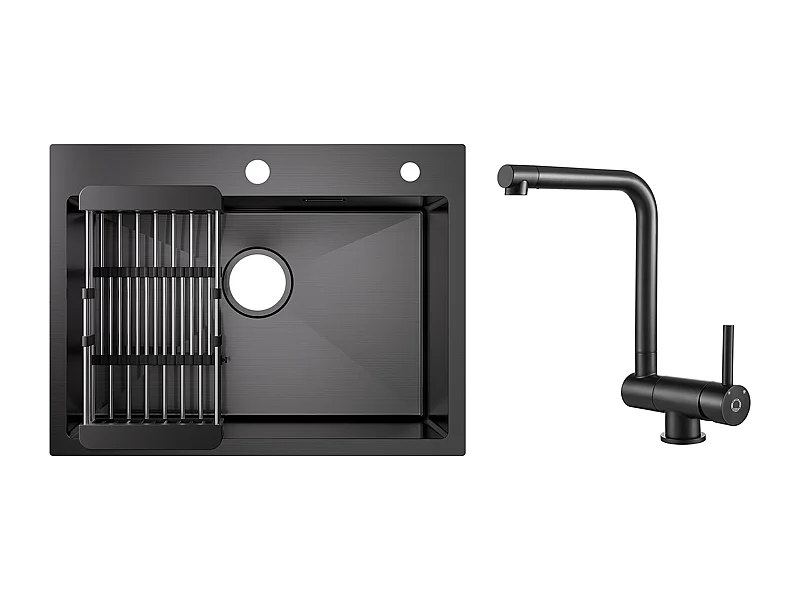 Évier Cuisine 1 Bac 60×45×18CM Évier Inox Noir avec Panier de Drainage + Mitigeur de Cuisine Rabattable Noir