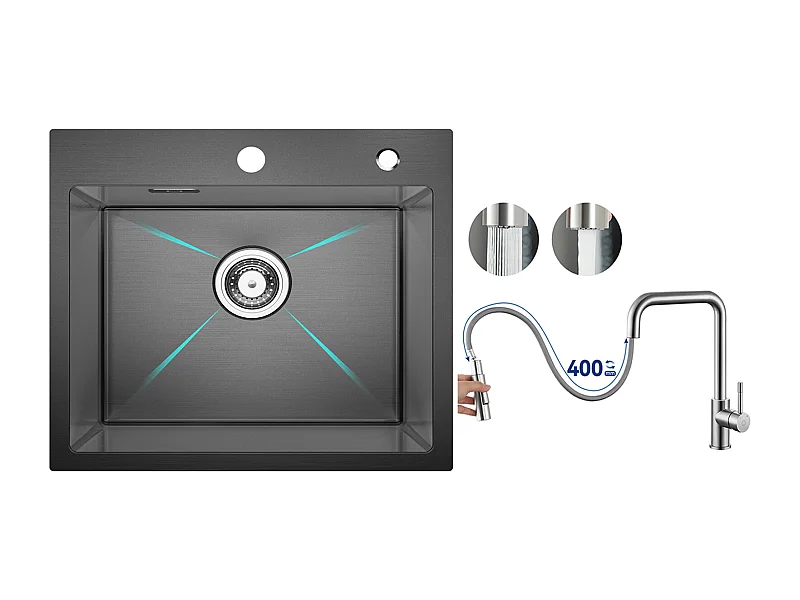 Lavello Cucina Cecipa MAX 1 Vasca 50×45×18,5CM Lavello Inox Nero + Miscelatore con Doccetta Estraibile, Spazzolato