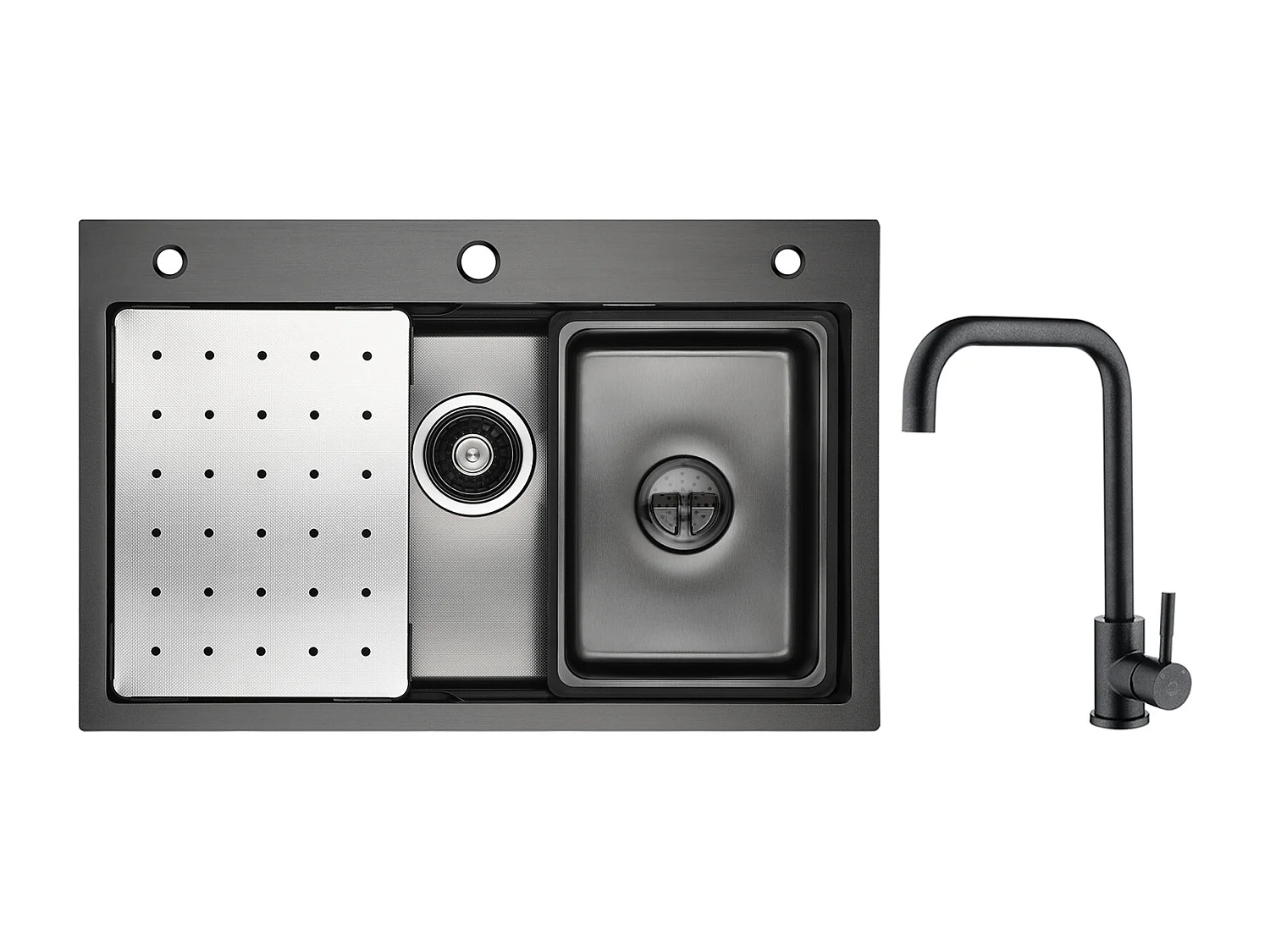 Fregadero de cocina 1 seno 70×45×21,5 cm + escurridor + lavabo + dispensador de jabón + mezclador de cocina de acero inoxidable negro estrellado