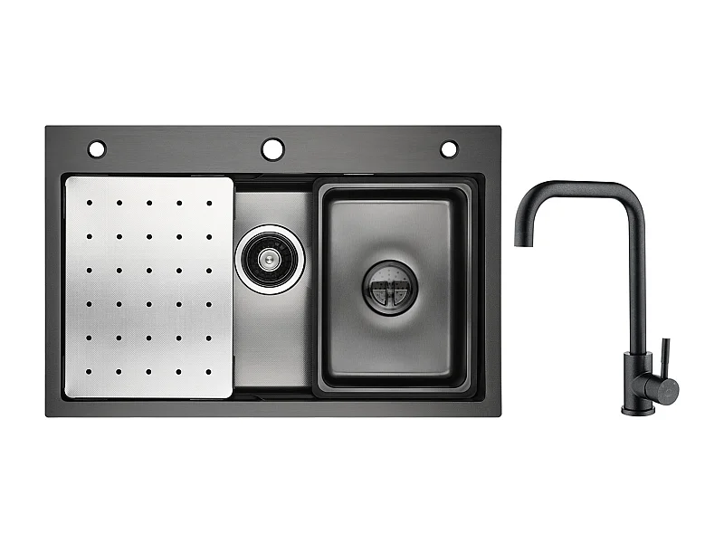 Évier de Cuisine 1 Cuve 70×45×21.5 cm + Egouttoir + Vasque + Distributeur de Savon + Mitigeur de Cuisine en Inox Noir étoilé