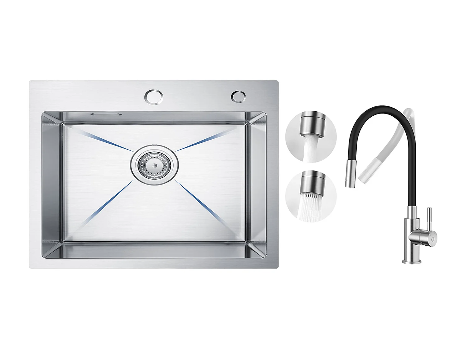 Évier Inox Évier Cuisine 1 Bac 50 × 45 cm Évier de Cuisine Brossé + Flexible Mitigeur de Cuisine, 2 Types de Jets  Robinet Extractible Brossé