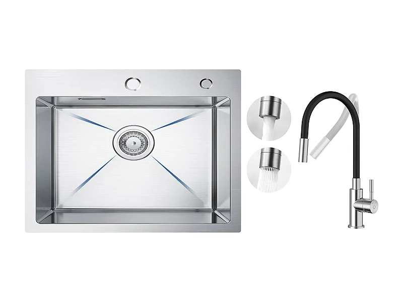 Évier Inox Évier Cuisine 1 Bac 50 × 45 cm Évier de Cuisine Brossé + Flexible Mitigeur de Cuisine, 2 Types de Jets  Robinet Extractible Brossé