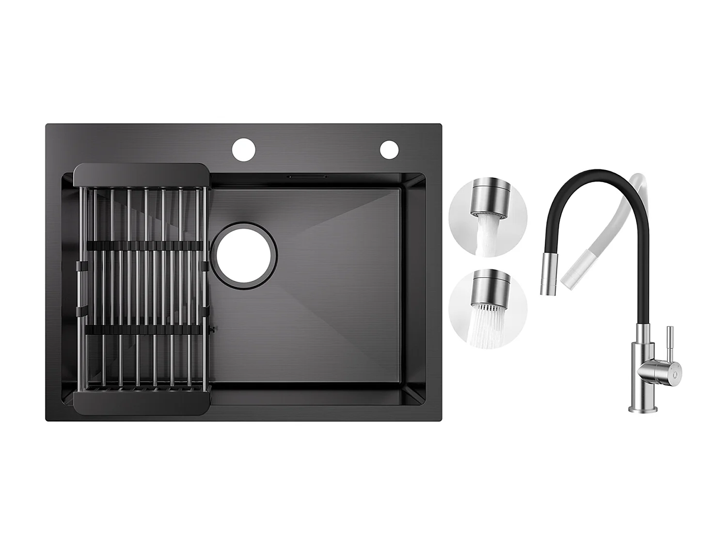 Évier de Cuisine Inox 60×45cm, Évier 1 Bac avec Panier de Drainage + Flexible Mitigeur de Cuisine, 2 Types de Jets  Robinet Extractible Brossé