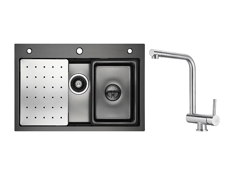 Fregadero de cocina 1 seno 70×45×21,5 cm + escurridor + lavabo + dosificador de jabón + mezclador de cocina plegable cepillado