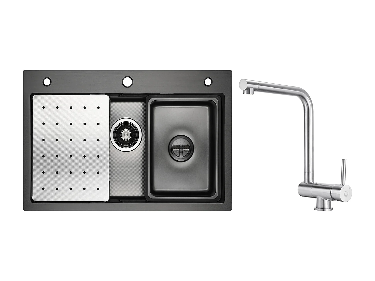 Fregadero de cocina 1 seno 70×45×21,5 cm + escurridor + lavabo + dosificador de jabón + mezclador de cocina plegable cepillado