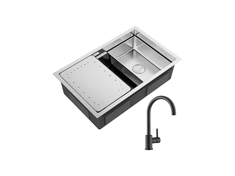 Lavello da cucina a 1 vasca 70×44×21 cm Lavello in acciaio inossidabile spazzolato con gocciolatoio e vasca + Miscelatore da cucina in acciaio inossidabile nero
