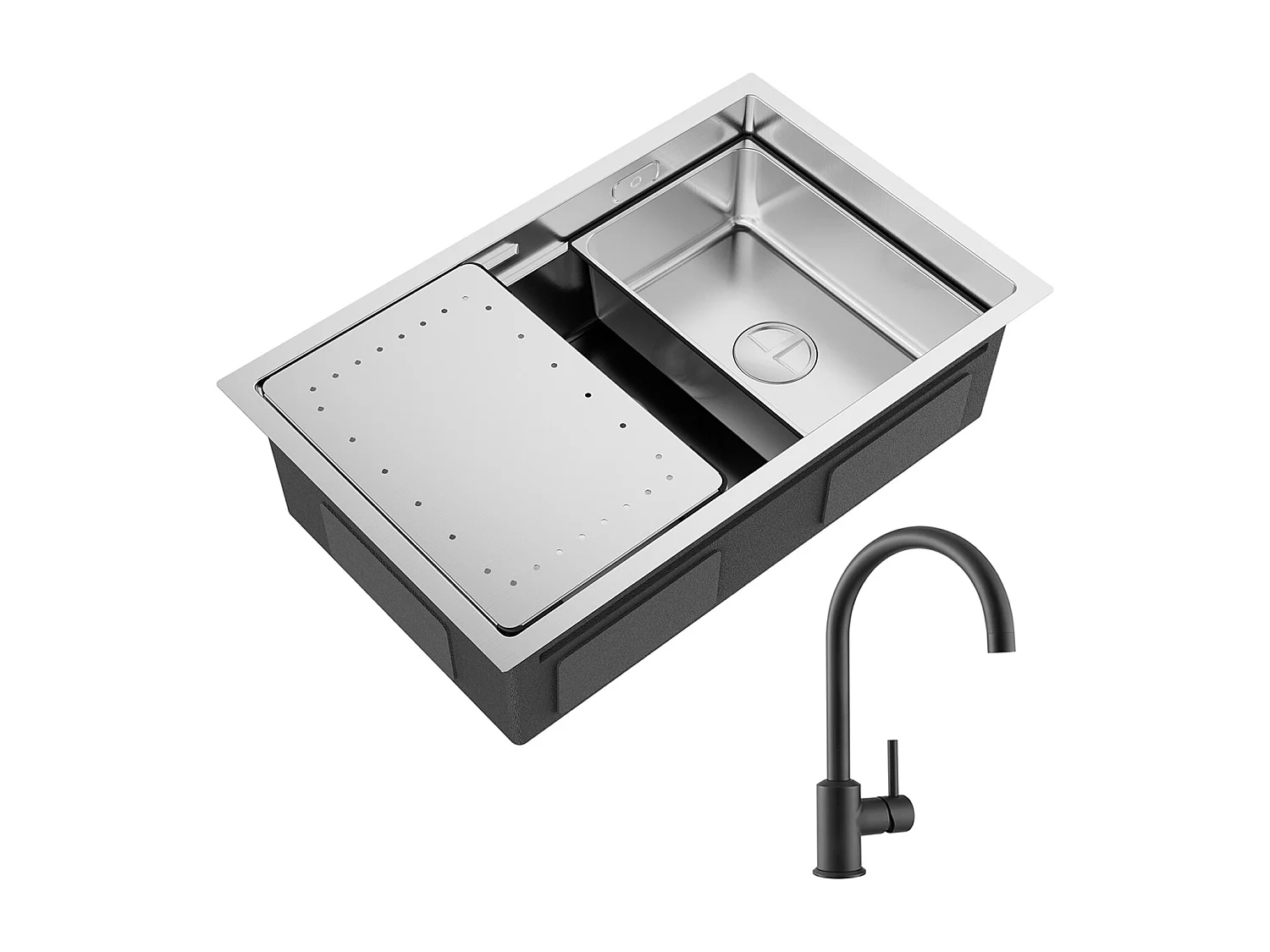 1 Becken Küchenspüle 70×44×21CM Spüle aus gebürstetem Edelstahl mit Abtropffläche und Becken + schwarzer Küchenmischhahn aus Edelstahl