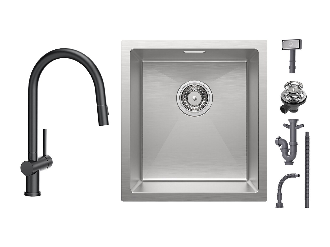 Lavello Cucina Nascosto In Acciaio Inox Con Rubinetto Pieghevole E Lavabicchieri, 58x32x22 Cm, Nero