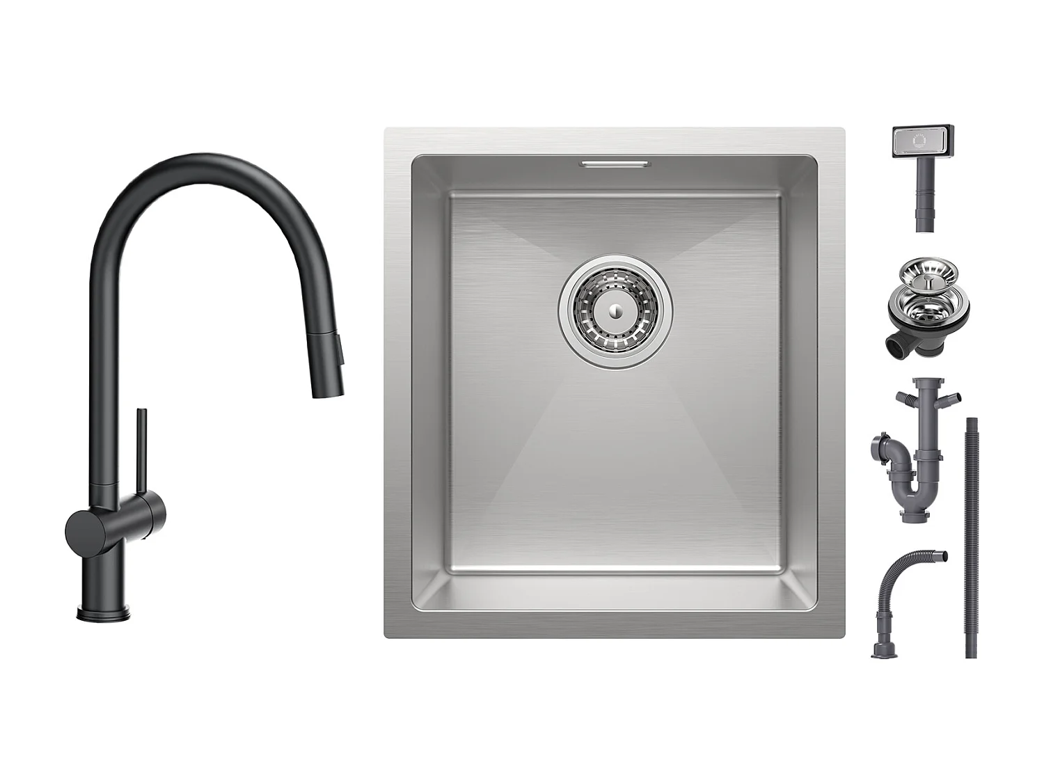 Cecipa max Évier de Cuisine 1 Bac 40x44x19cm - Évier Inox Évier Encastré Brossé + Mitigeur avec Douchette Extractible avec 2 Types de Jet Noir