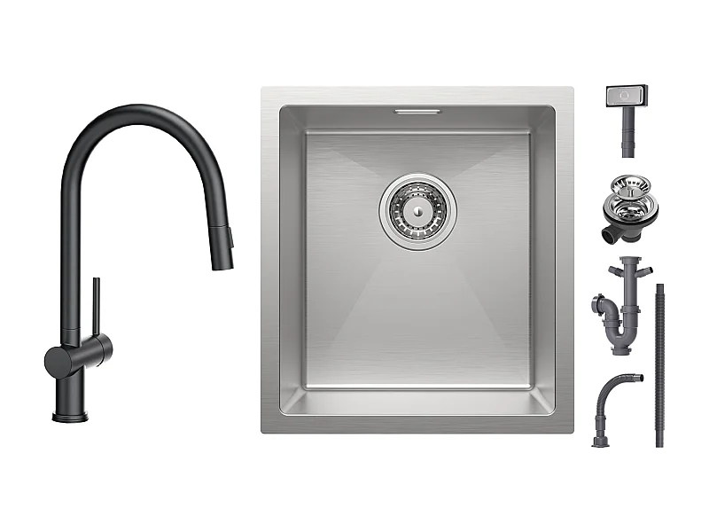 Cecipa max Évier de Cuisine 1 Bac 40x44x19cm - Évier Inox Évier Encastré Brossé + Mitigeur avec Douchette Extractible avec 2 Types de Jet Noir