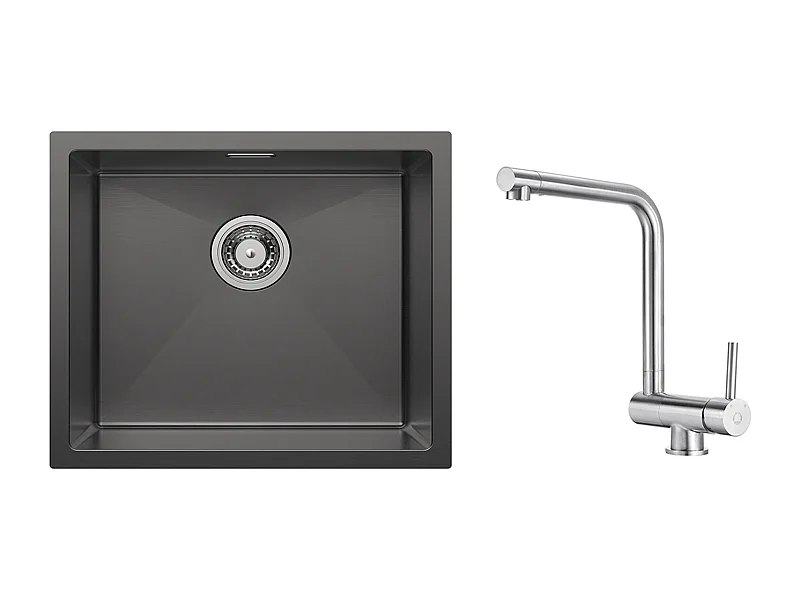 CECIPA MAX Fregadero de cocina Fregadero de acero inoxidable de 1 seno 50*44 cm Negro antracita + Mezclador de cocina plegable cepillado