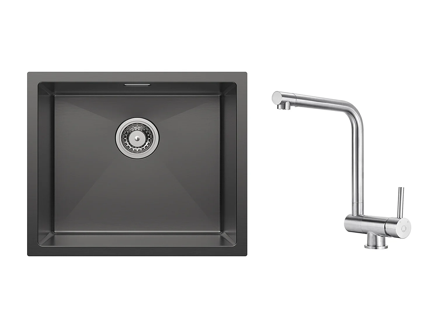CECIPA MAX Fregadero de cocina Fregadero de acero inoxidable de 1 seno 50*44 cm Negro antracita + Mezclador de cocina plegable cepillado