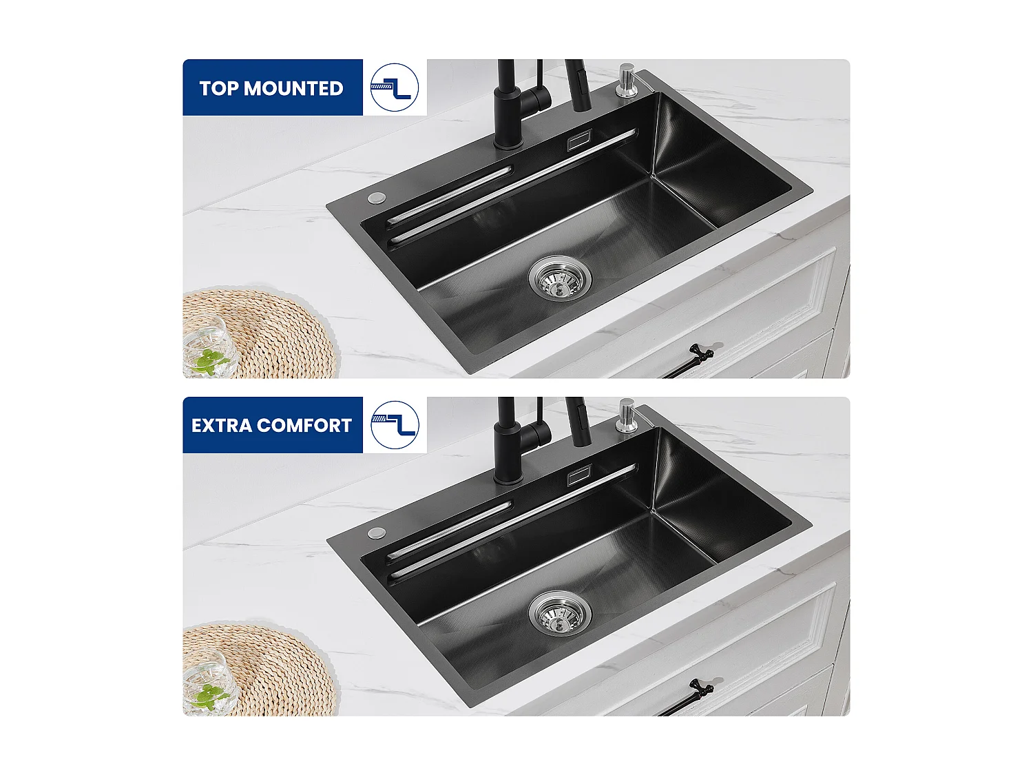 Évier de Cuisine 1 Cuve 70×45cm + Egouttoir + Vasque + Distributeur de Savon + Mitigeur de Cuisine en Inox Noir