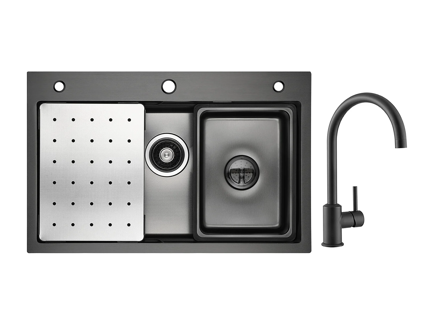 Évier de Cuisine 1 Cuve 70×45cm + Egouttoir + Vasque + Distributeur de Savon + Mitigeur de Cuisine en Inox Noir