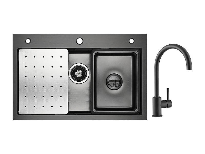 Évier de Cuisine 1 Cuve 70×45cm + Egouttoir + Vasque + Distributeur de Savon + Mitigeur de Cuisine en Inox Noir