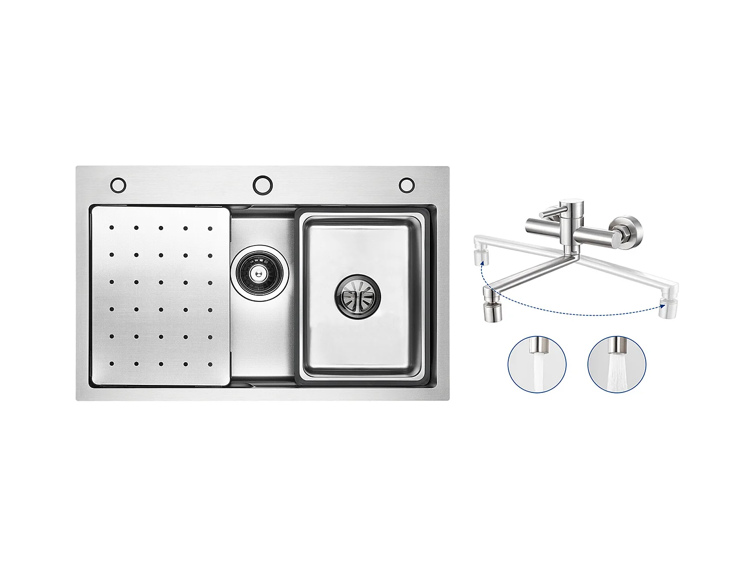 Évier 1 Bac 70×45×21.5CM Évier Inox Argent avec Egouttoir,Vasque, Distributeur de Savon + Mitigeur de Cuisine Mural avec 2 Jets Brossé