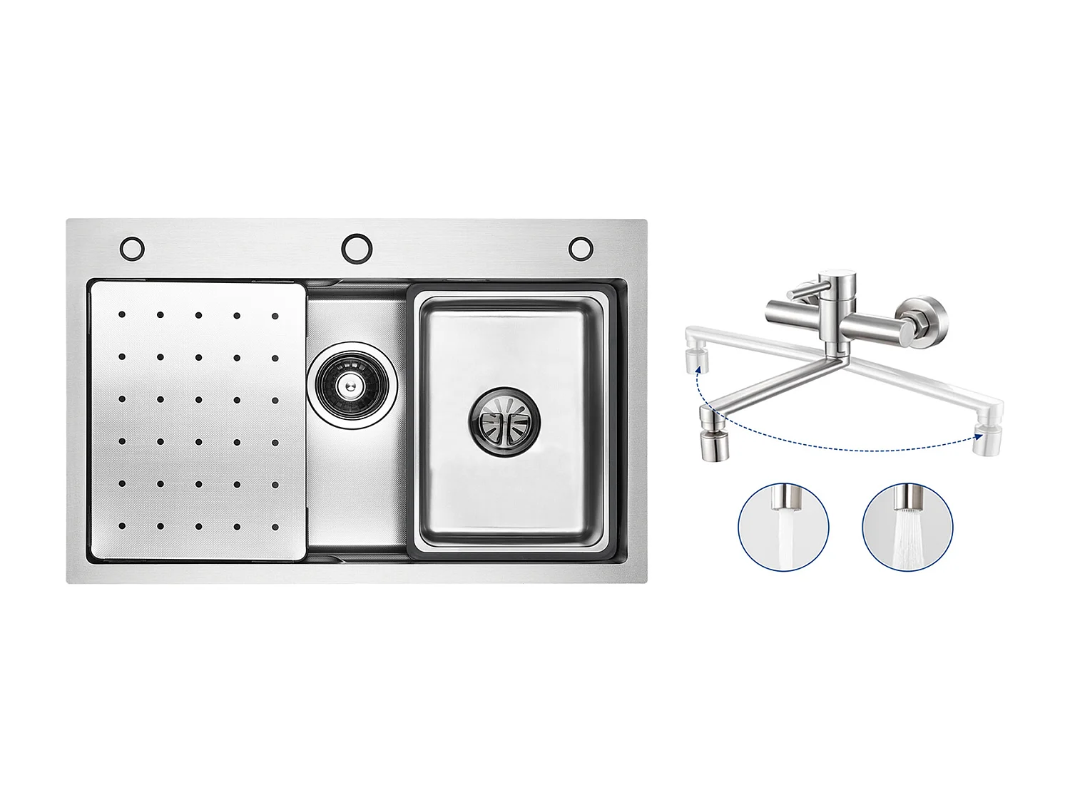 Évier 1 Bac 70×45×21.5CM Évier Inox Argent avec Egouttoir,Vasque, Distributeur de Savon + Mitigeur de Cuisine Mural avec 2 Jets Brossé